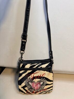 Black and White Zebra Print Crossbody Bag with Pink Heart Accent